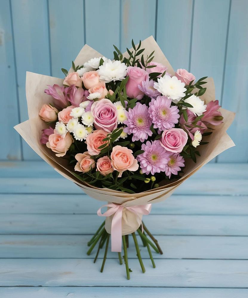 Букет цветов из: Хризантемы, Розы и Альстромерии в Гололобово
