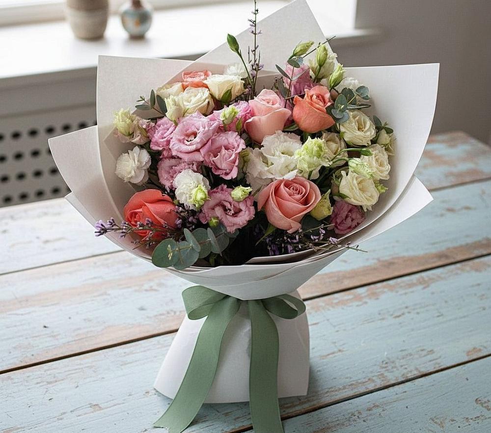 Букет цветов из: Розы, Лизиантусы и Гвоздики в Гололобово