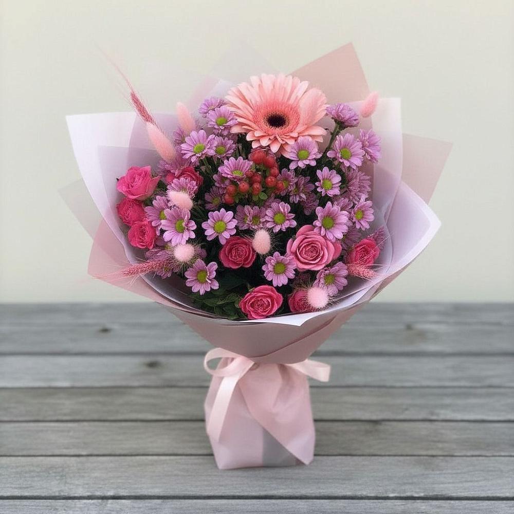 Букет цветов из: Розы, Герберы и Хризантемы в Гололобово